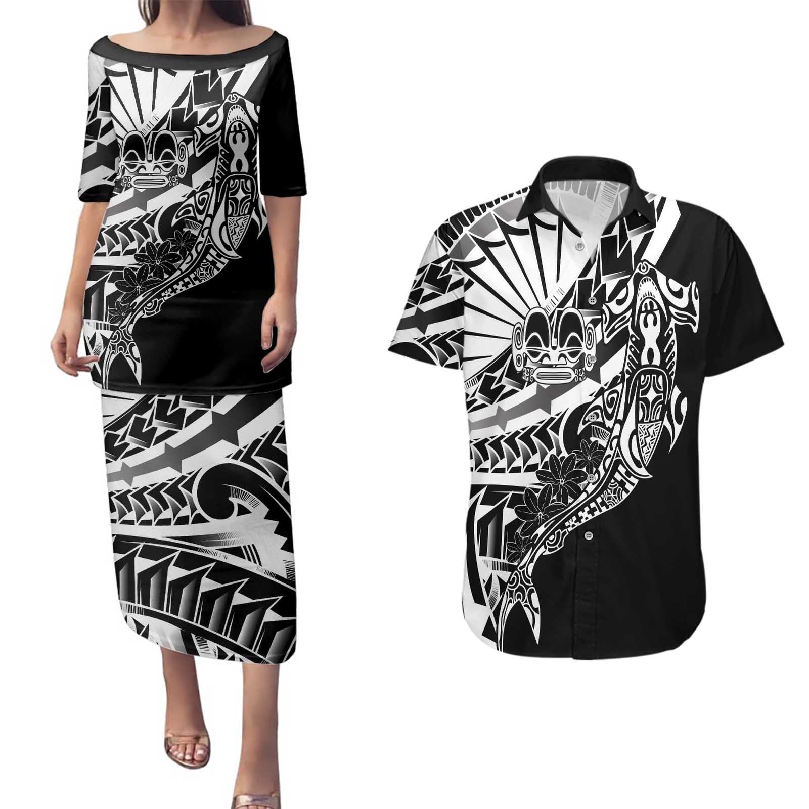 Black White Marquesas Islands Couples Matching Puletasi and Hawaiian Shirt Marquesan Matatiki Hammerhead Shark Patutiki - Polynesian Pride