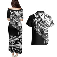 Black White Marquesas Islands Couples Matching Puletasi and Hawaiian Shirt Marquesan Matatiki Hammerhead Shark Patutiki LT14 - Polynesian Pride