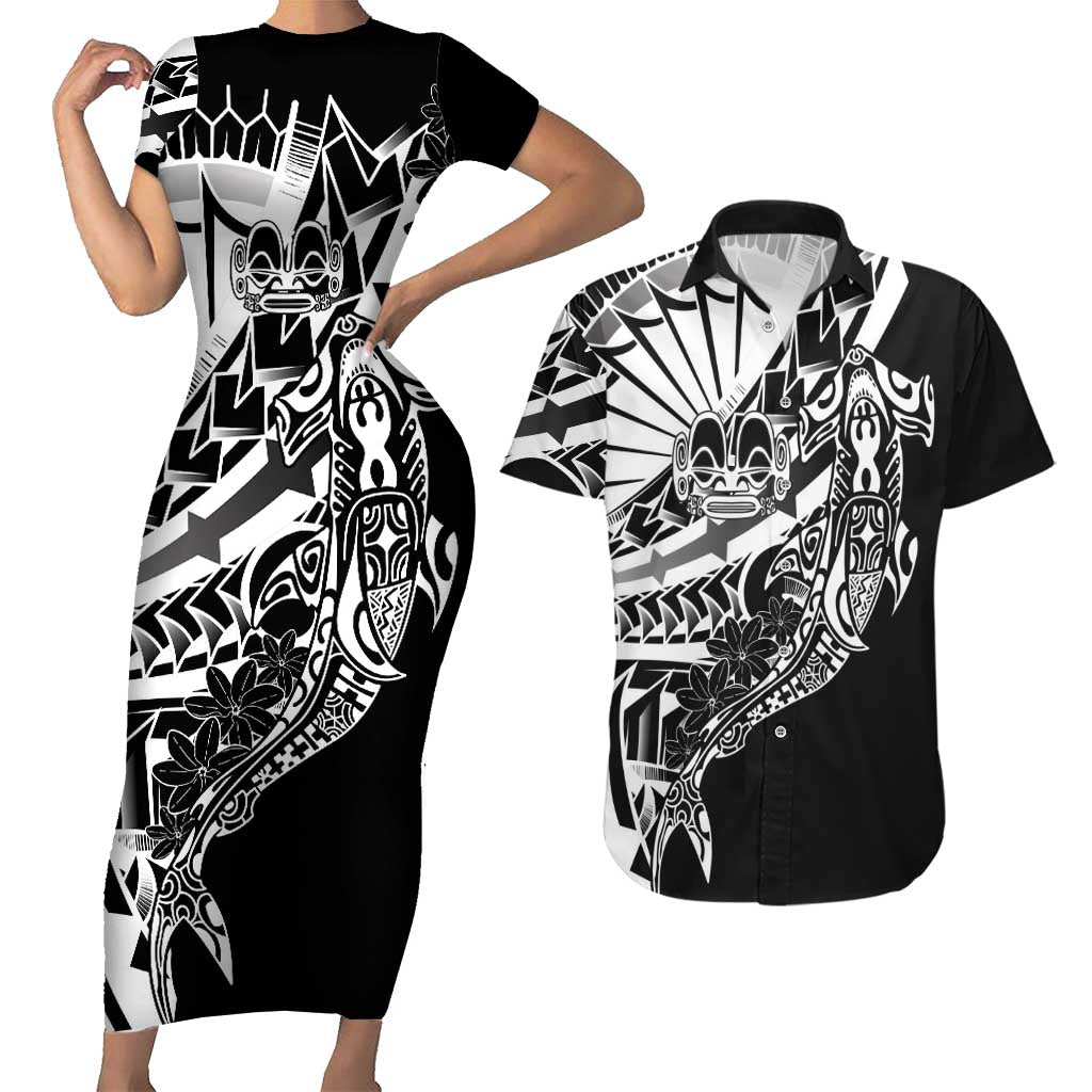 Black White Marquesas Islands Couples Matching Short Sleeve Bodycon Dress and Hawaiian Shirt Marquesan Matatiki Hammerhead Shark Patutiki LT14 Black - Polynesian Pride
