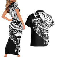 Black White Marquesas Islands Couples Matching Short Sleeve Bodycon Dress and Hawaiian Shirt Marquesan Matatiki Hammerhead Shark Patutiki LT14 - Polynesian Pride
