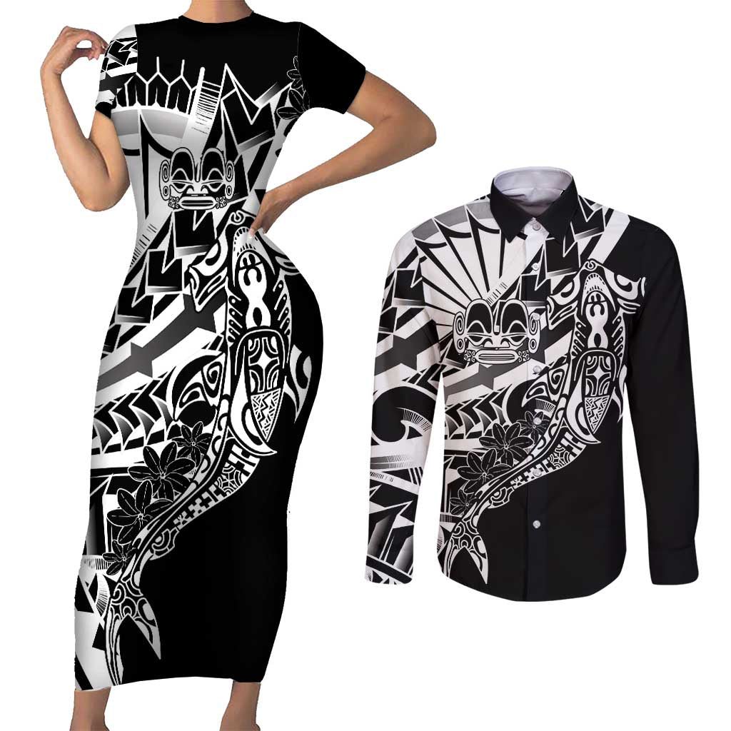 Black White Marquesas Islands Couples Matching Short Sleeve Bodycon Dress and Long Sleeve Button Shirt Marquesan Matatiki Hammerhead Shark Patutiki LT14 Black - Polynesian Pride