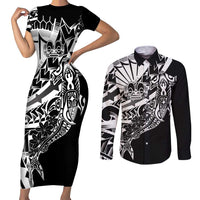 Black White Marquesas Islands Couples Matching Short Sleeve Bodycon Dress and Long Sleeve Button Shirt Marquesan Matatiki Hammerhead Shark Patutiki LT14 Black - Polynesian Pride