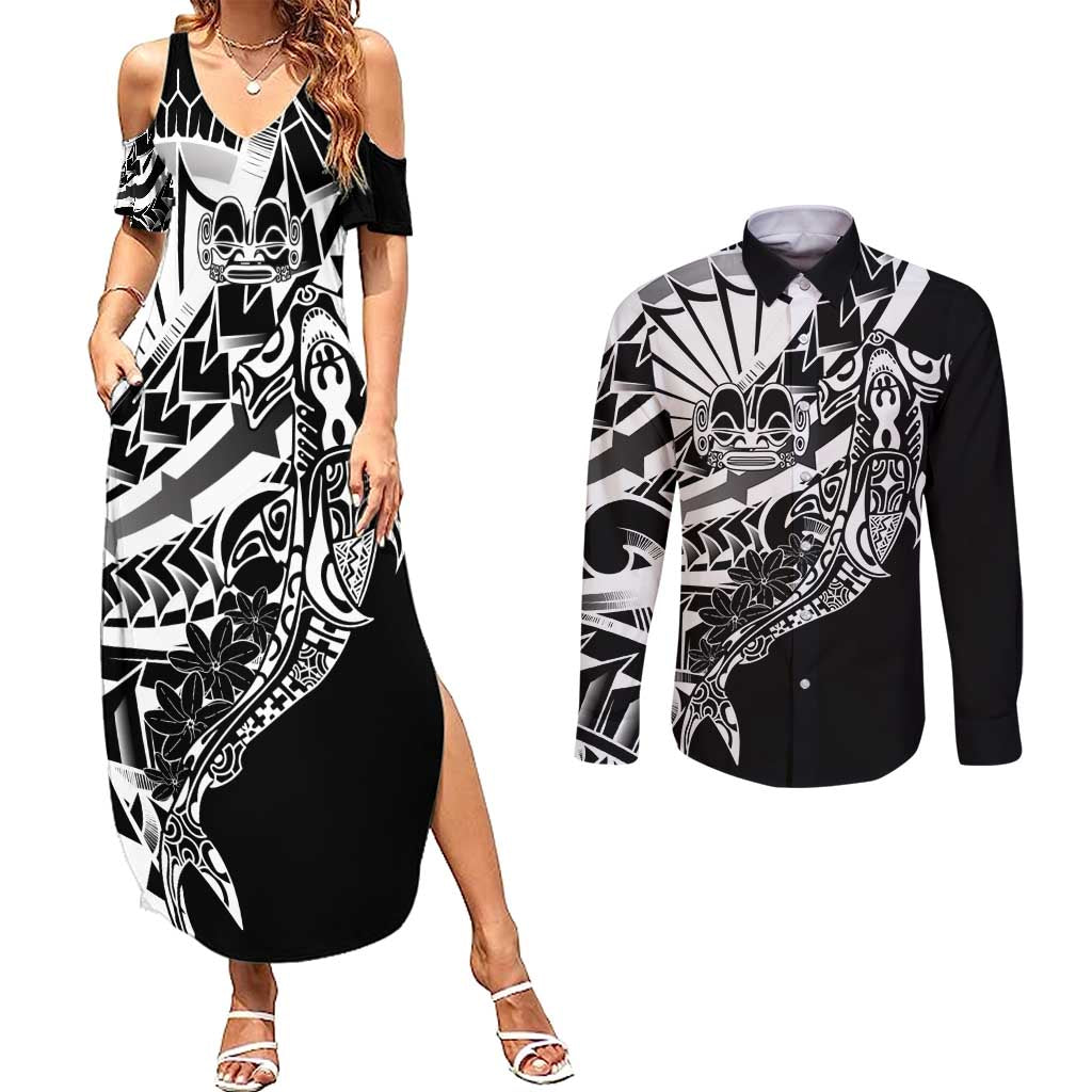 Black White Marquesas Islands Couples Matching Summer Maxi Dress and Long Sleeve Button Shirt Marquesan Matatiki Hammerhead Shark Patutiki LT14 Black - Polynesian Pride