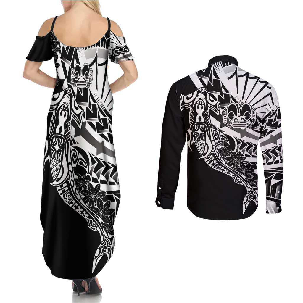 Black White Marquesas Islands Couples Matching Summer Maxi Dress and Long Sleeve Button Shirt Marquesan Matatiki Hammerhead Shark Patutiki LT14 - Polynesian Pride