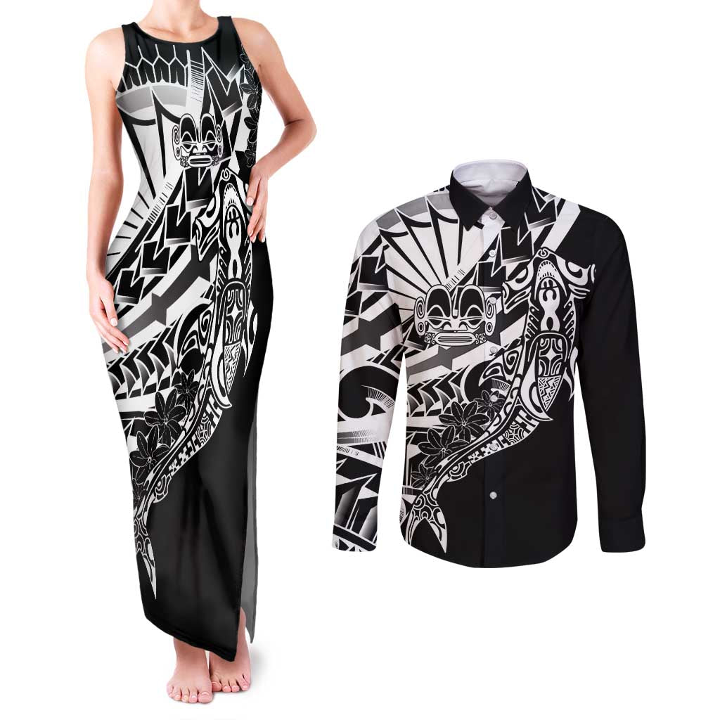 Black White Marquesas Islands Couples Matching Tank Maxi Dress and Long Sleeve Button Shirt Marquesan Matatiki Hammerhead Shark Patutiki LT14 Black - Polynesian Pride