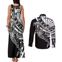 Black White Marquesas Islands Couples Matching Tank Maxi Dress and Long Sleeve Button Shirt Marquesan Matatiki Hammerhead Shark Patutiki LT14 - Polynesian Pride