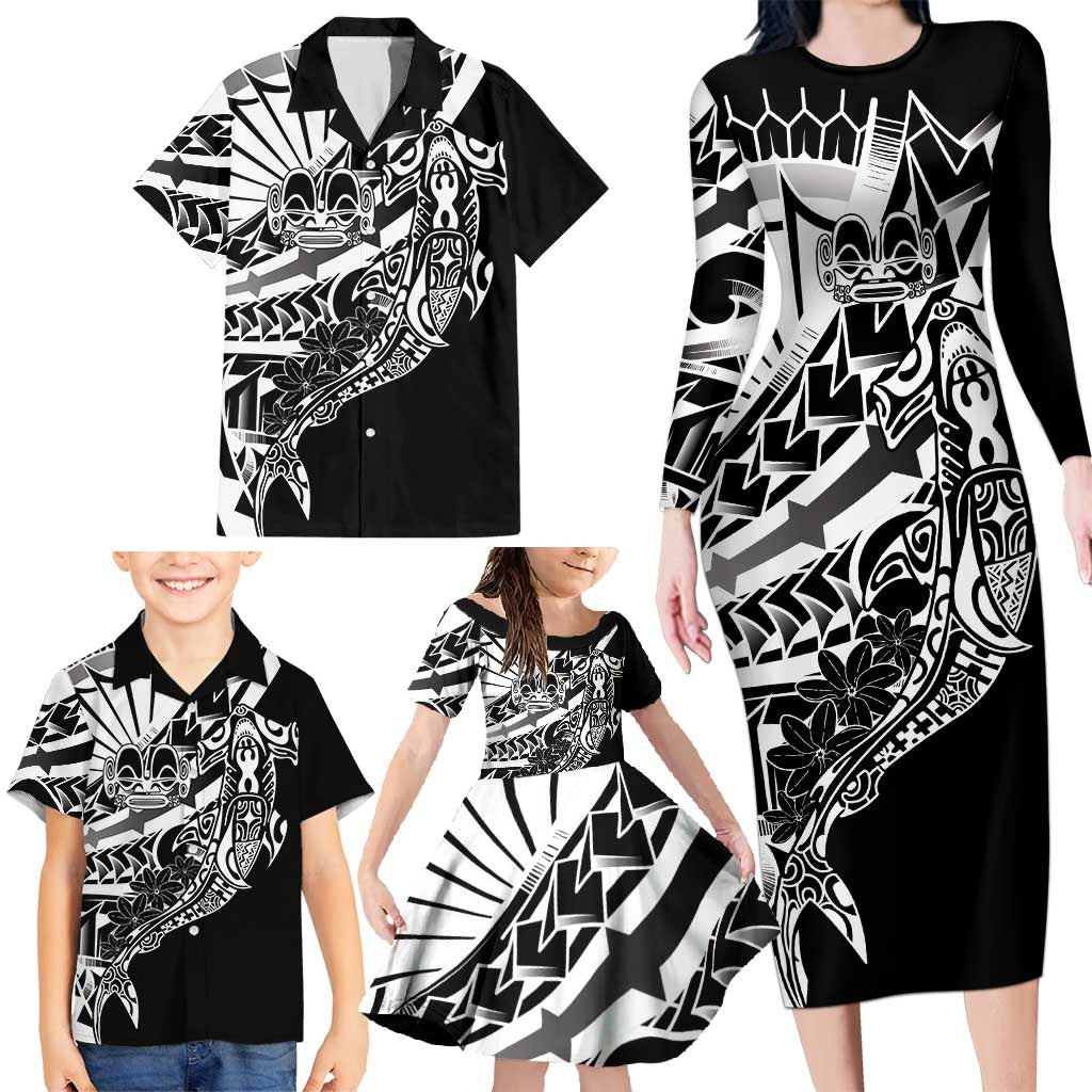 Black White Marquesas Islands Family Matching Long Sleeve Bodycon Dress and Hawaiian Shirt Marquesan Matatiki Hammerhead Shark Patutiki LT14 - Polynesian Pride