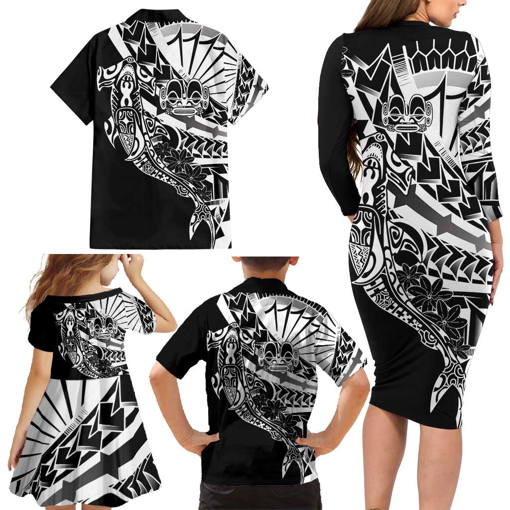 Black White Marquesas Islands Family Matching Long Sleeve Bodycon Dress and Hawaiian Shirt Marquesan Matatiki Hammerhead Shark Patutiki LT14 - Polynesian Pride