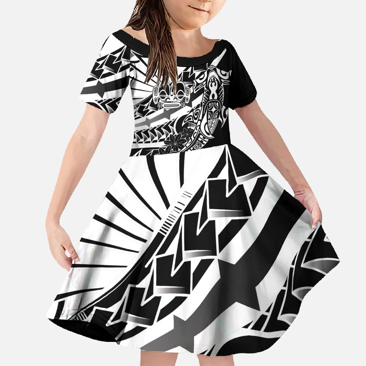 Black White Marquesas Islands Family Matching Off The Shoulder Long Sleeve Dress and Hawaiian Shirt Marquesan Matatiki Hammerhead Shark Patutiki LT14 Daughter's Dress Black - Polynesian Pride
