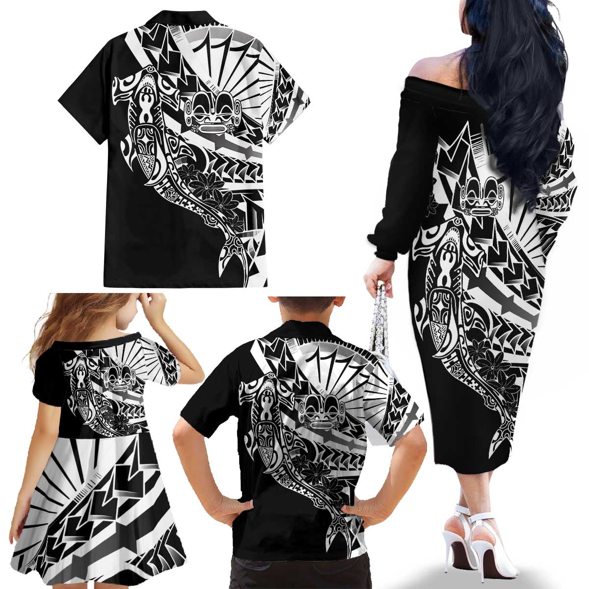 Black White Marquesas Islands Family Matching Off The Shoulder Long Sleeve Dress and Hawaiian Shirt Marquesan Matatiki Hammerhead Shark Patutiki LT14 - Polynesian Pride