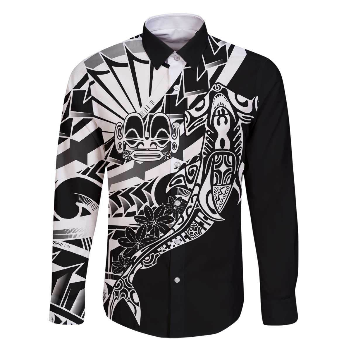 Black White Marquesas Islands Family Matching Off The Shoulder Long Sleeve Dress and Hawaiian Shirt Marquesan Matatiki Hammerhead Shark Patutiki LT14 Dad's Shirt - Long Sleeve Black - Polynesian Pride