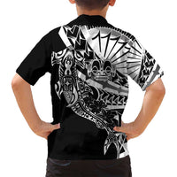 Black White Marquesas Islands Family Matching Off Shoulder Maxi Dress and Hawaiian Shirt Marquesan Matatiki Hammerhead Shark Patutiki LT14 - Polynesian Pride