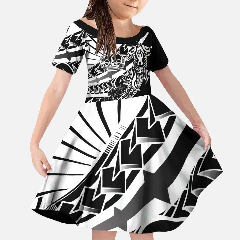 Black White Marquesas Islands Family Matching Off Shoulder Maxi Dress and Hawaiian Shirt Marquesan Matatiki Hammerhead Shark Patutiki LT14 Daughter's Dress Black - Polynesian Pride