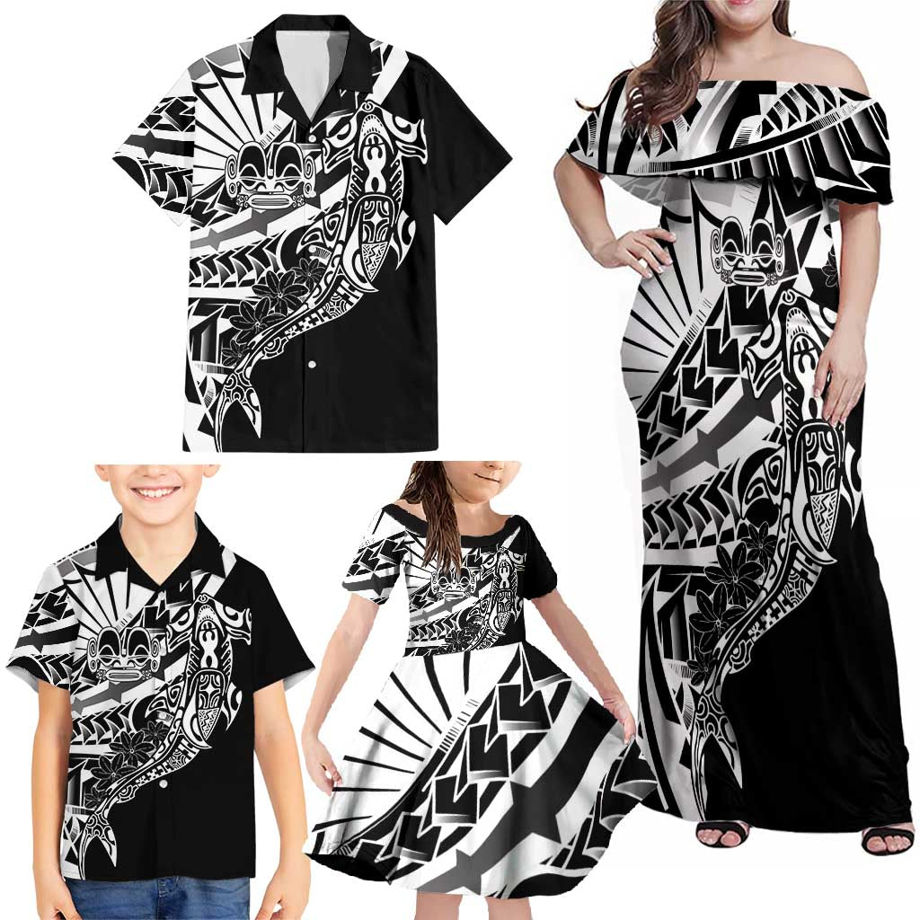Black White Marquesas Islands Family Matching Off Shoulder Maxi Dress and Hawaiian Shirt Marquesan Matatiki Hammerhead Shark Patutiki LT14 - Polynesian Pride