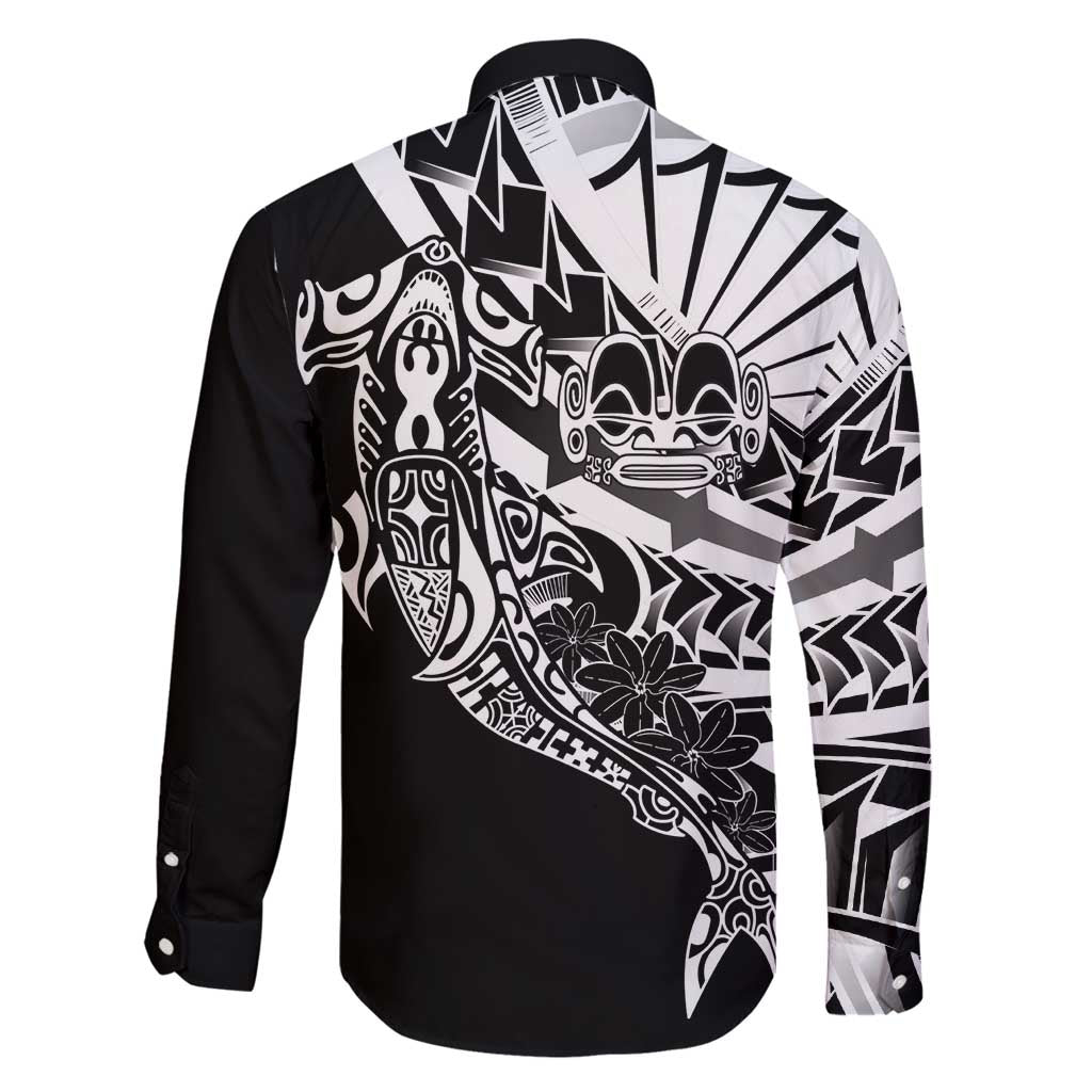 Black White Marquesas Islands Family Matching Off Shoulder Maxi Dress and Hawaiian Shirt Marquesan Matatiki Hammerhead Shark Patutiki LT14 - Polynesian Pride