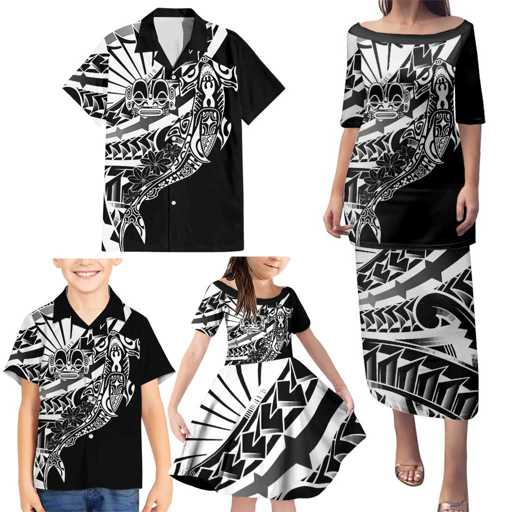 Black White Marquesas Islands Family Matching Puletasi and Hawaiian Shirt Marquesan Matatiki Hammerhead Shark Patutiki LT14 - Polynesian Pride