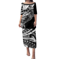 Black White Marquesas Islands Family Matching Puletasi and Hawaiian Shirt Marquesan Matatiki Hammerhead Shark Patutiki LT14 Mom's Dress Black - Polynesian Pride