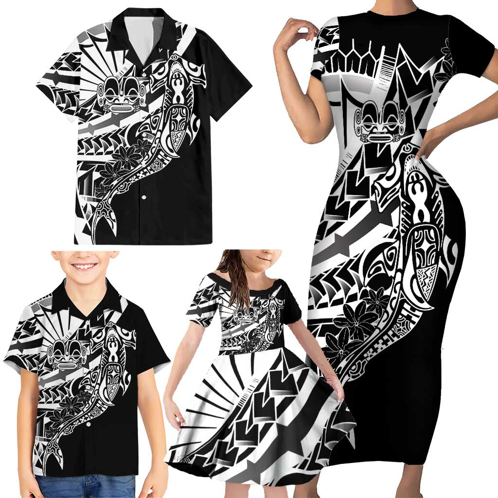 Black White Marquesas Islands Family Matching Short Sleeve Bodycon Dress and Hawaiian Shirt Marquesan Matatiki Hammerhead Shark Patutiki LT14 - Polynesian Pride