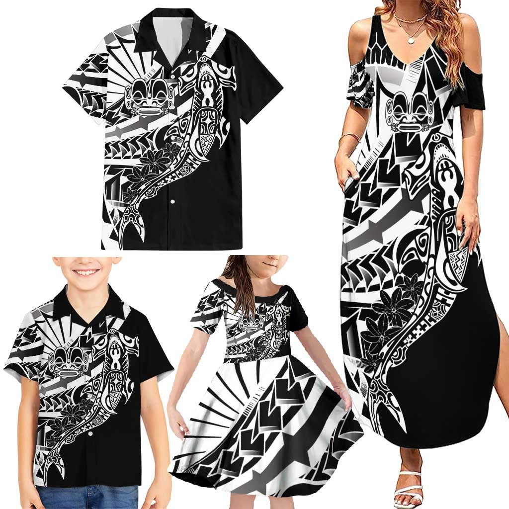 Black White Marquesas Islands Family Matching Summer Maxi Dress and Hawaiian Shirt Marquesan Matatiki Hammerhead Shark Patutiki LT14 - Polynesian Pride