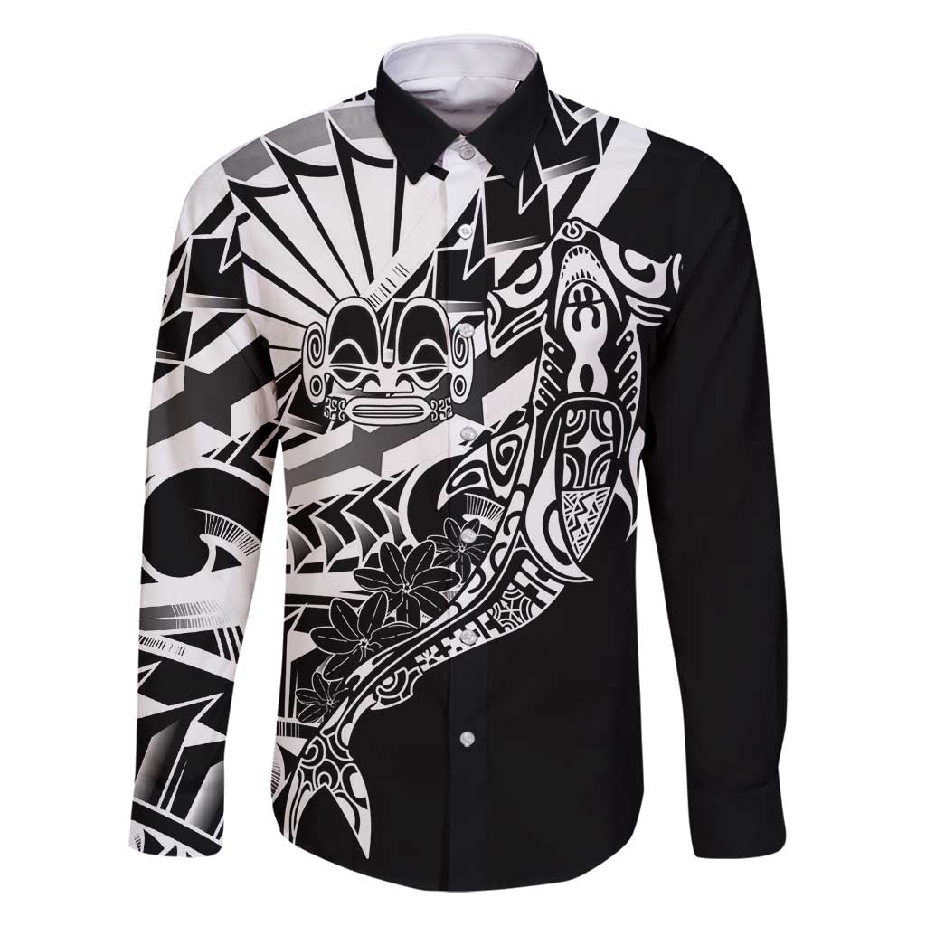 Black White Marquesas Islands Family Matching Tank Maxi Dress and Hawaiian Shirt Marquesan Matatiki Hammerhead Shark Patutiki LT14 Dad's Shirt - Long Sleeve Black - Polynesian Pride