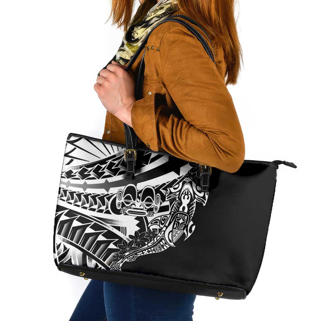 Black White Marquesas Islands Leather Tote Bag Marquesan Matatiki Hammerhead Shark Patutiki LT14 Black - Polynesian Pride