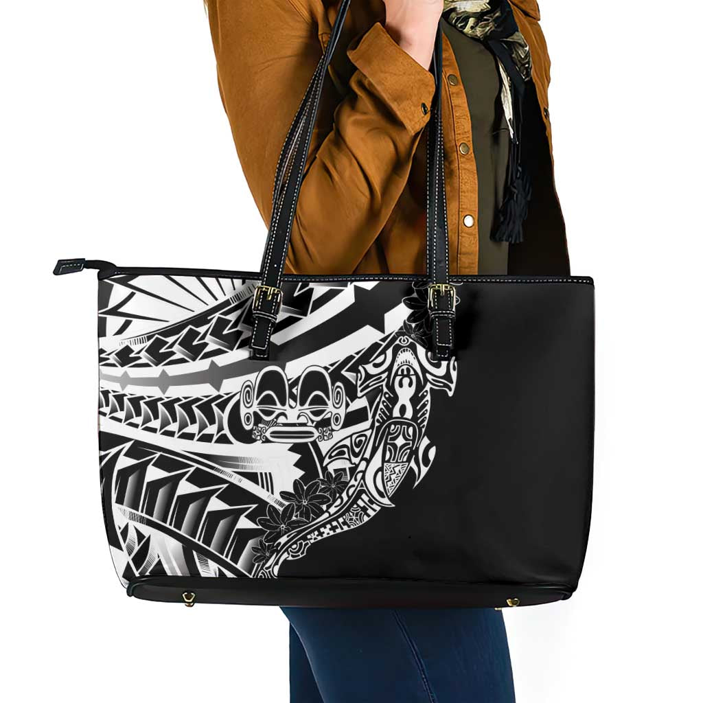 Black White Marquesas Islands Leather Tote Bag Marquesan Matatiki Hammerhead Shark Patutiki LT14 - Polynesian Pride