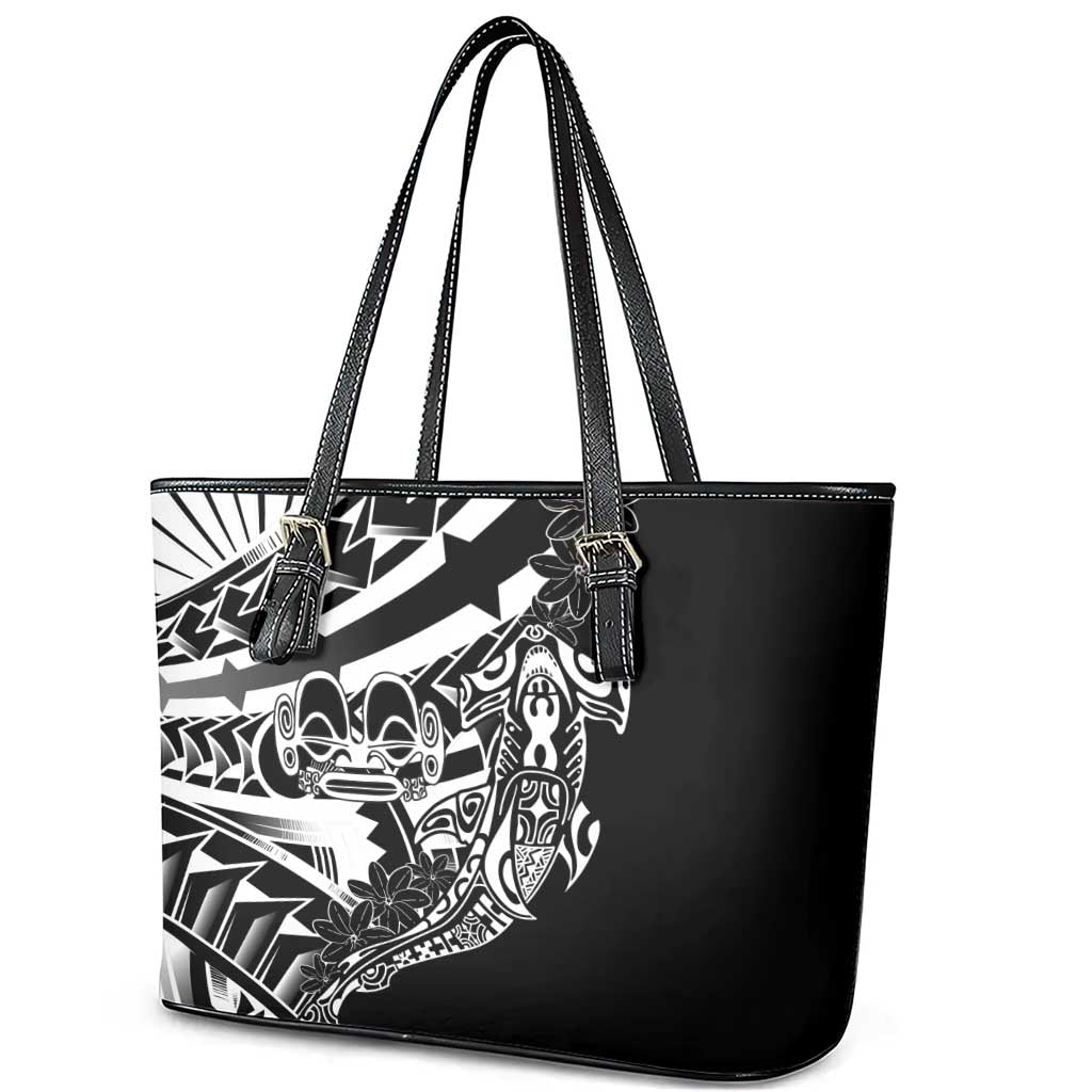 Black White Marquesas Islands Leather Tote Bag Marquesan Matatiki Hammerhead Shark Patutiki LT14 - Polynesian Pride