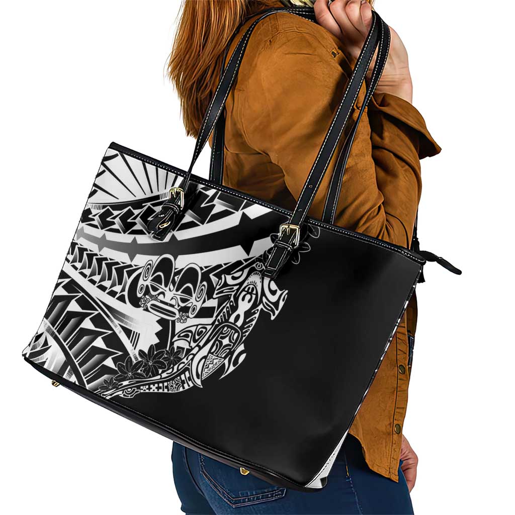 Black White Marquesas Islands Leather Tote Bag Marquesan Matatiki Hammerhead Shark Patutiki LT14 - Polynesian Pride