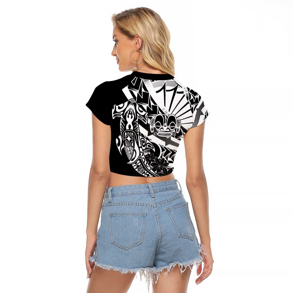 Black White Marquesas Islands Raglan Cropped T Shirt Marquesan Matatiki Hammerhead Shark Patutiki LT14 - Polynesian Pride