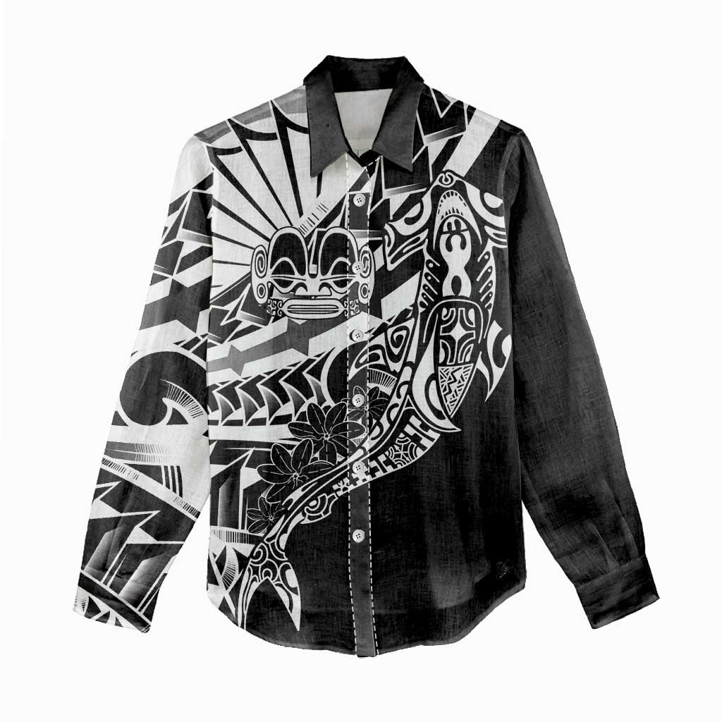 Black White Marquesas Islands Women Casual Shirt Marquesan Matatiki Hammerhead Shark Patutiki - Polynesian Pride