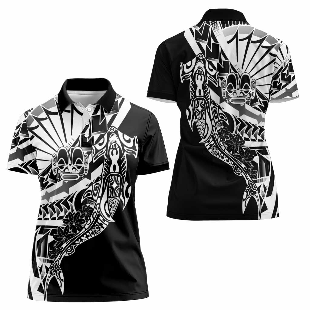 Black White Marquesas Islands Women Polo Shirt Marquesan Matatiki Hammerhead Shark Patutiki - Polynesian Pride
