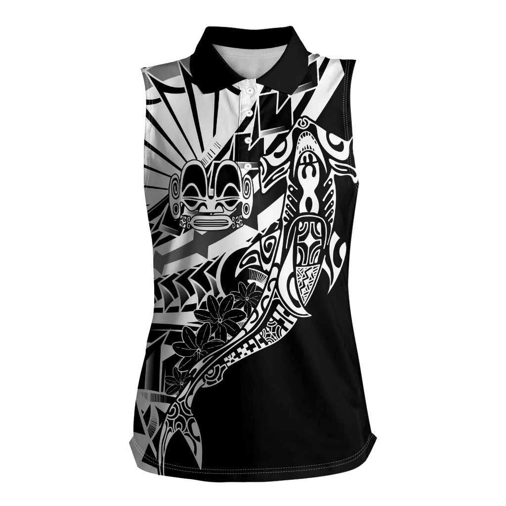 Black White Marquesas Islands Women Sleeveless Polo Shirt Marquesan Matatiki Hammerhead Shark Patutiki LT14 Female Black - Polynesian Pride