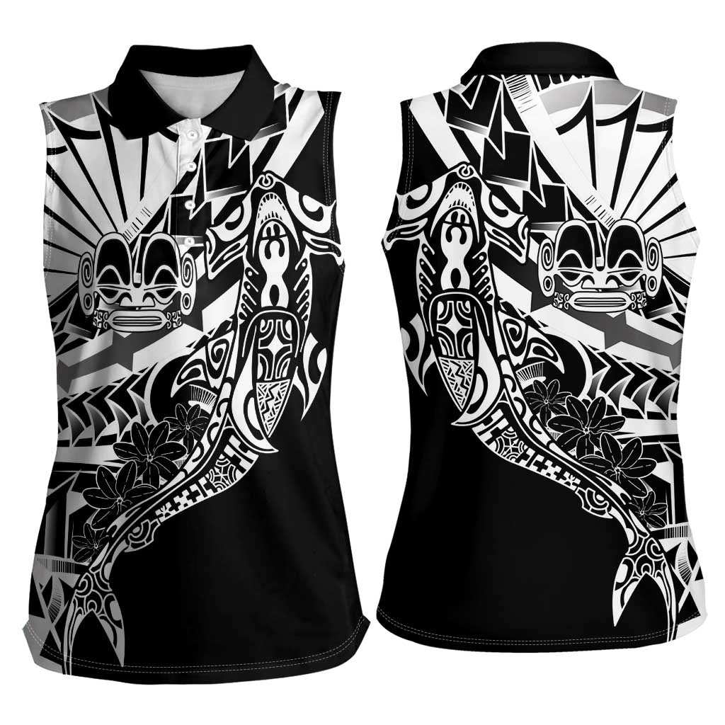 Black White Marquesas Islands Women Sleeveless Polo Shirt Marquesan Matatiki Hammerhead Shark Patutiki LT14 - Polynesian Pride