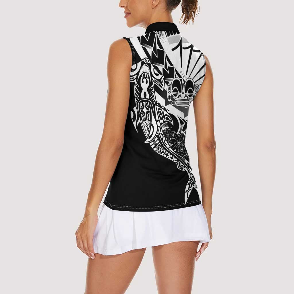 Black White Marquesas Islands Women Sleeveless Polo Shirt Marquesan Matatiki Hammerhead Shark Patutiki LT14 - Polynesian Pride