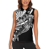 Black White Marquesas Islands Women Sleeveless Polo Shirt Marquesan Matatiki Hammerhead Shark Patutiki LT14 - Polynesian Pride