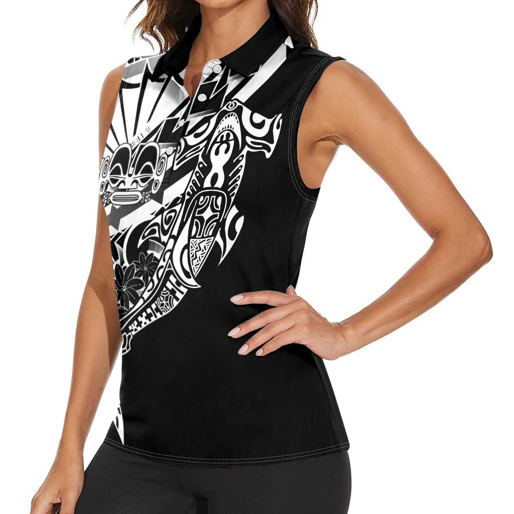Black White Marquesas Islands Women Sleeveless Polo Shirt Marquesan Matatiki Hammerhead Shark Patutiki LT14 - Polynesian Pride