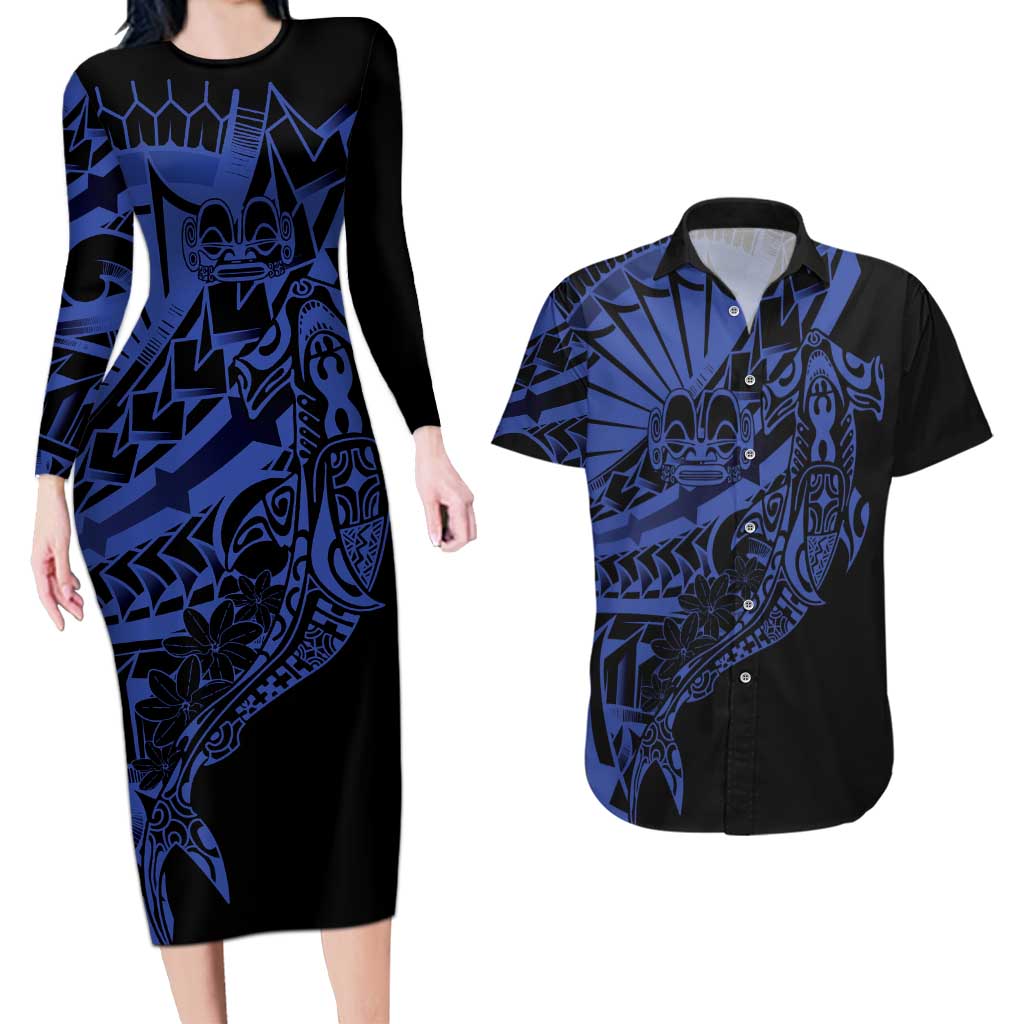 Blue Marquesas Islands Couples Matching Long Sleeve Bodycon Dress and Hawaiian Shirt Marquesan Matatiki Hammerhead Shark Patutiki LT14 Blue - Polynesian Pride