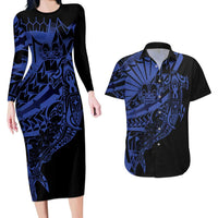 Blue Marquesas Islands Couples Matching Long Sleeve Bodycon Dress and Hawaiian Shirt Marquesan Matatiki Hammerhead Shark Patutiki LT14 Blue - Polynesian Pride