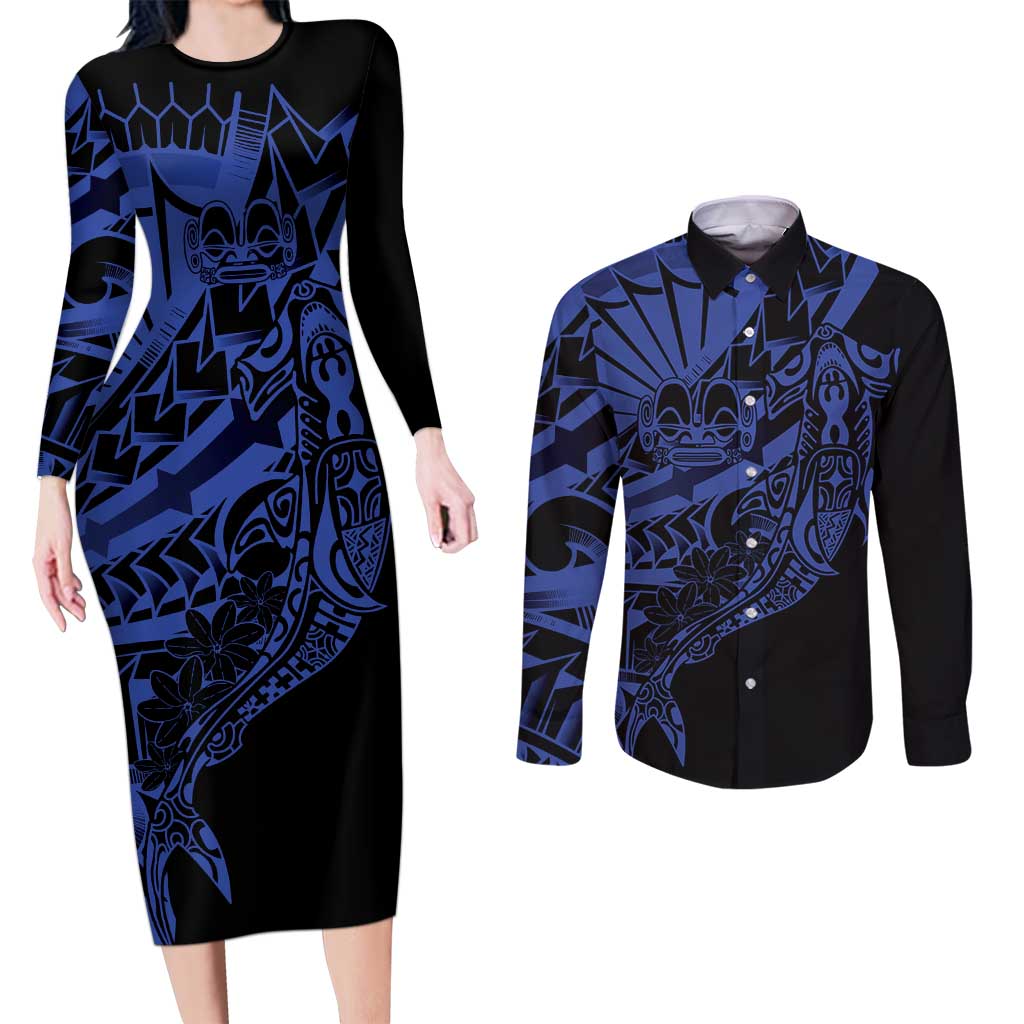 Blue Marquesas Islands Couples Matching Long Sleeve Bodycon Dress and Long Sleeve Button Shirt Marquesan Matatiki Hammerhead Shark Patutiki LT14 Blue - Polynesian Pride