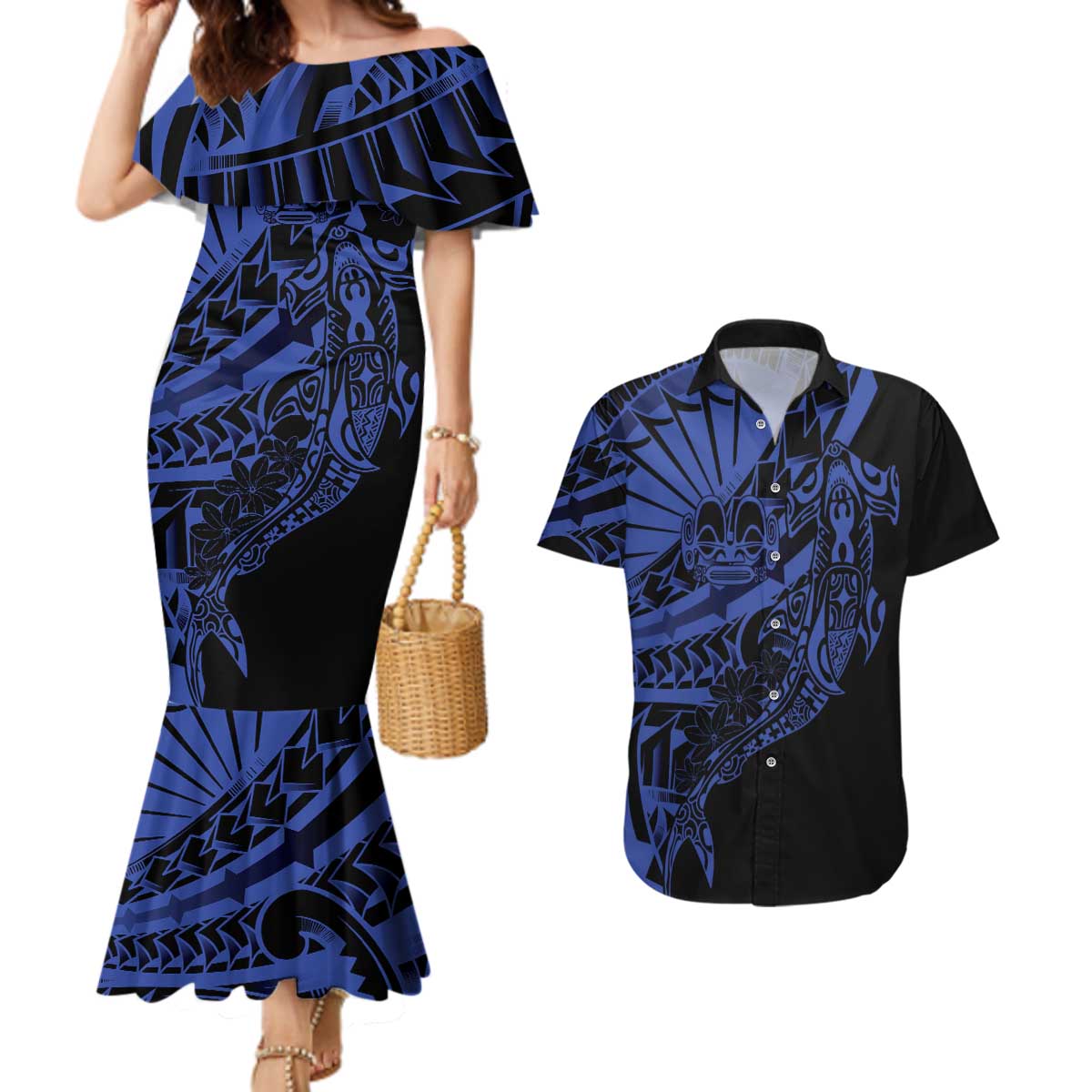 Blue Marquesas Islands Couples Matching Mermaid Dress and Hawaiian Shirt Marquesan Matatiki Hammerhead Shark Patutiki LT14 Blue - Polynesian Pride