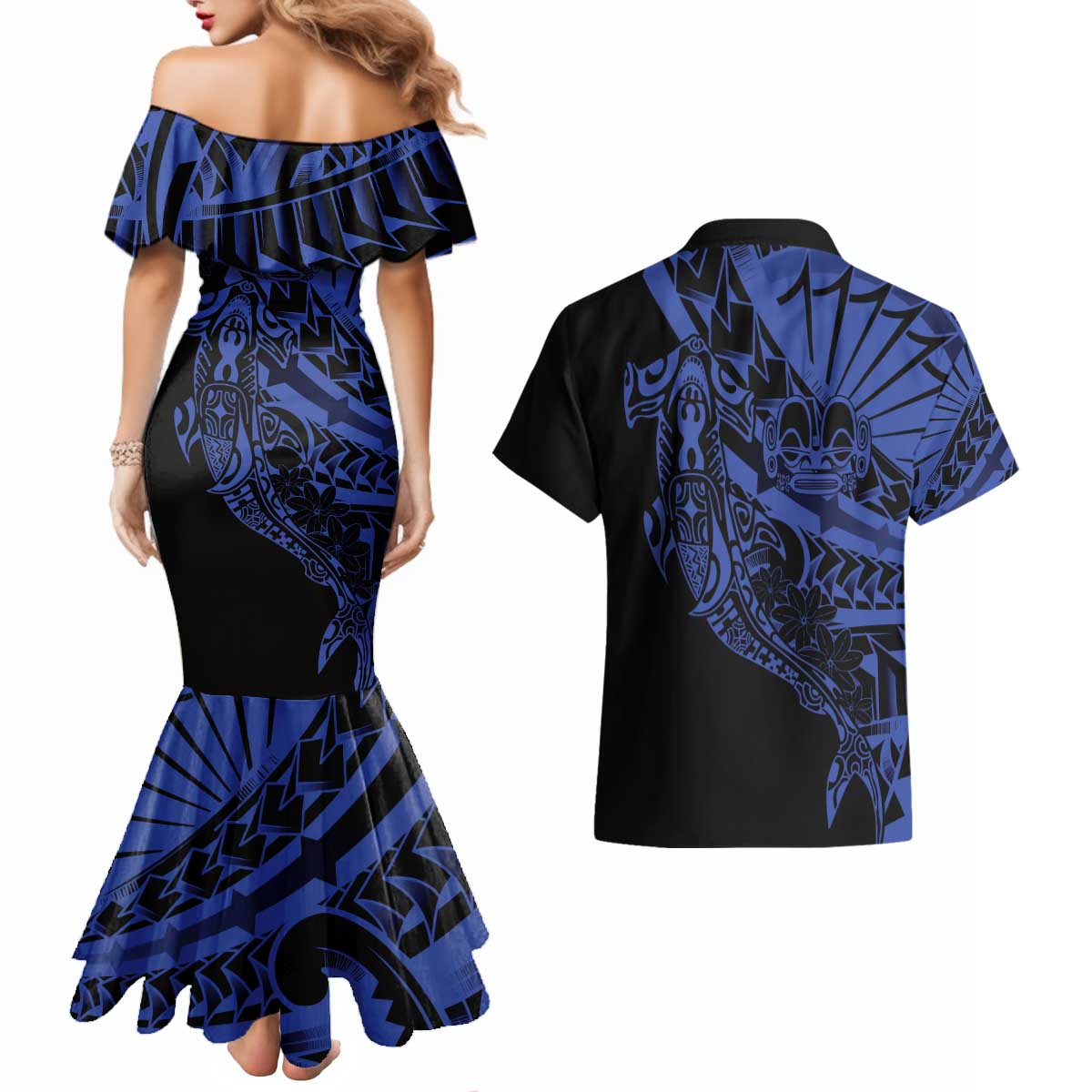 Blue Marquesas Islands Couples Matching Mermaid Dress and Hawaiian Shirt Marquesan Matatiki Hammerhead Shark Patutiki LT14 - Polynesian Pride