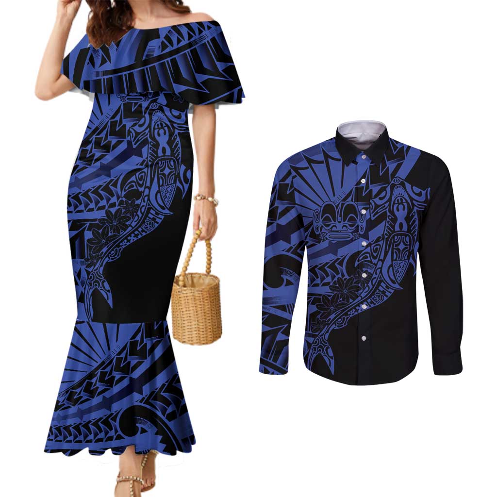 Blue Marquesas Islands Couples Matching Mermaid Dress and Long Sleeve Button Shirt Marquesan Matatiki Hammerhead Shark Patutiki LT14 Blue - Polynesian Pride