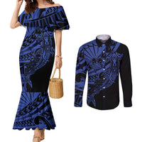Blue Marquesas Islands Couples Matching Mermaid Dress and Long Sleeve Button Shirt Marquesan Matatiki Hammerhead Shark Patutiki LT14 Blue - Polynesian Pride