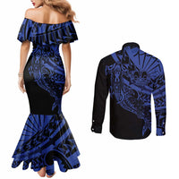 Blue Marquesas Islands Couples Matching Mermaid Dress and Long Sleeve Button Shirt Marquesan Matatiki Hammerhead Shark Patutiki LT14 - Polynesian Pride
