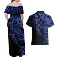 Blue Marquesas Islands Couples Matching Off Shoulder Maxi Dress and Hawaiian Shirt Marquesan Matatiki Hammerhead Shark Patutiki LT14 - Polynesian Pride
