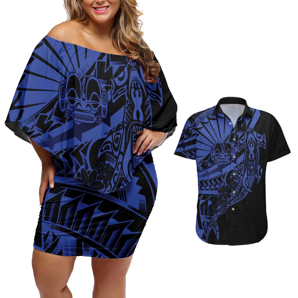 Blue Marquesas Islands Couples Matching Off Shoulder Short Dress and Hawaiian Shirt Marquesan Matatiki Hammerhead Shark Patutiki LT14 Blue - Polynesian Pride