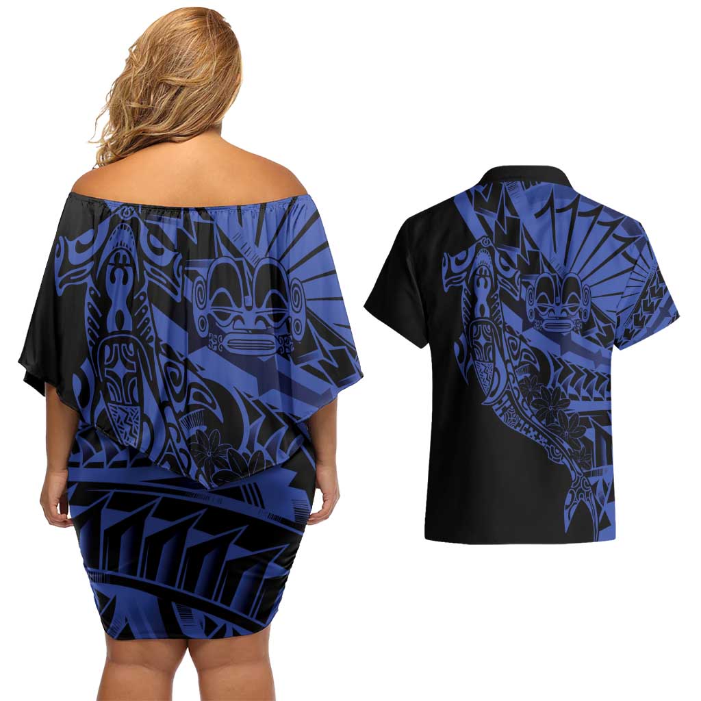 Blue Marquesas Islands Couples Matching Off Shoulder Short Dress and Hawaiian Shirt Marquesan Matatiki Hammerhead Shark Patutiki LT14 - Polynesian Pride