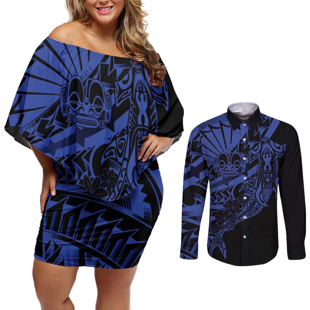 Blue Marquesas Islands Couples Matching Off Shoulder Short Dress and Long Sleeve Button Shirt Marquesan Matatiki Hammerhead Shark Patutiki LT14 Blue - Polynesian Pride