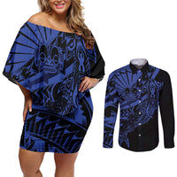 Blue Marquesas Islands Couples Matching Off Shoulder Short Dress and Long Sleeve Button Shirt Marquesan Matatiki Hammerhead Shark Patutiki LT14 Blue - Polynesian Pride