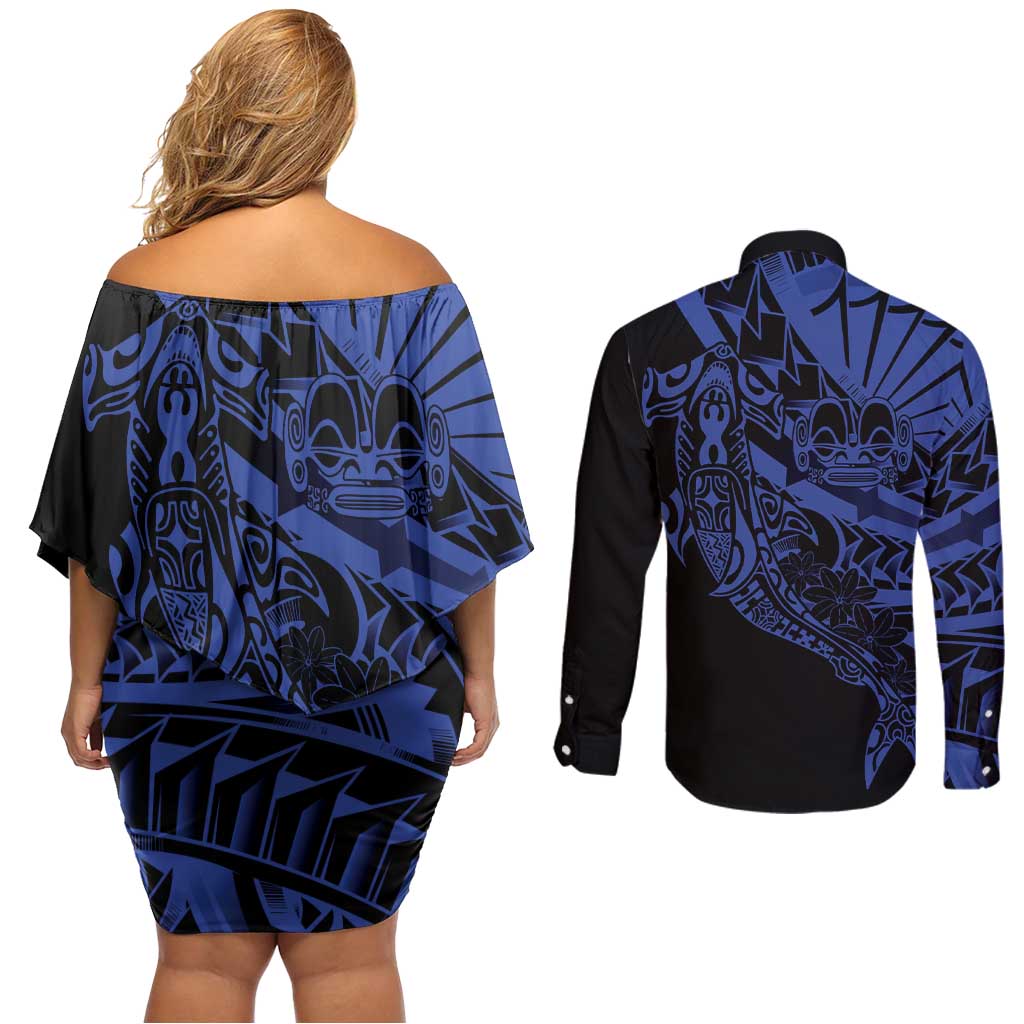 Blue Marquesas Islands Couples Matching Off Shoulder Short Dress and Long Sleeve Button Shirt Marquesan Matatiki Hammerhead Shark Patutiki LT14 - Polynesian Pride
